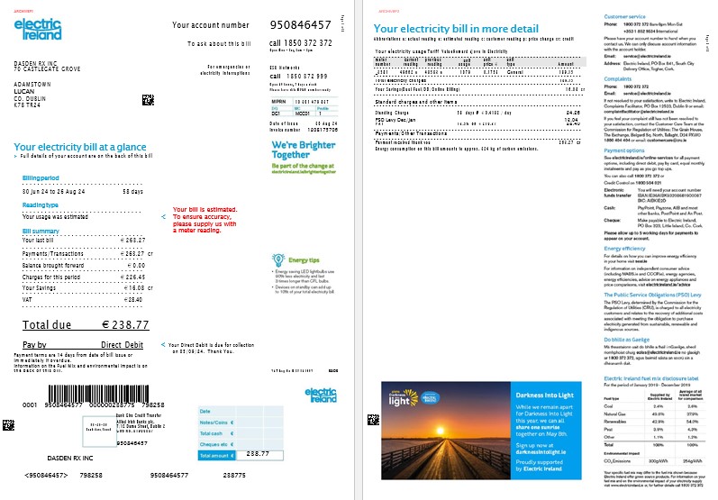 Ireland Electric Ireland business utility bill template in Word and PDF formats, 2 pages
